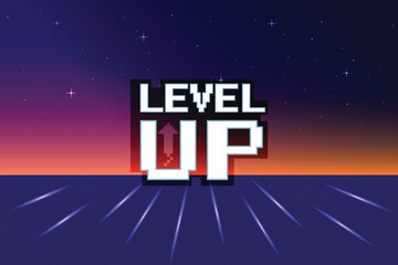 Wall Mural - level up icon pixel art. 8 bit game. retro game. retro futurism sci-fi background. glowing neon grid