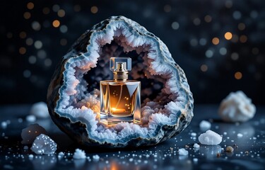 Poster - A perfume bottle rests inside a geode, illuminated, surrounded by glistening crystals and bokeh.  The scene evokes luxury and mystery.