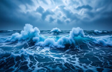 Poster - Dark, dramatic ocean scene.  Turbulent waves with whitecaps crash under a stormy sky.  The vastness of the sea is emphasized by the moody atmosphere.