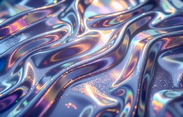 Poster - Liquid-like iridescent surface, shimmering with purple, blue, and gold hues.  Subtle glitter adds sparkle to the flowing, wavy texture.