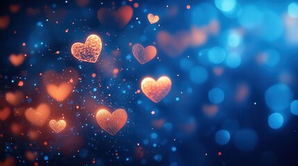 Glowing red hearts on sparkling blue background with bokeh effects