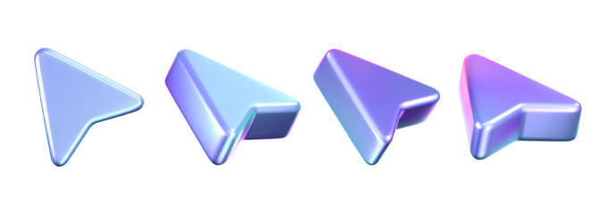 Wall Mural - 3D holographic arrow cursor icon set with a neon gradient, isolated on a white background. Render of iridescent arrow for interfaces, tech navigation, mouse clicks, location search. 3d vector icon