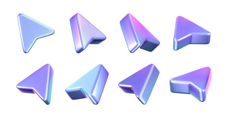 Wall Mural - 3d holographic arrow cursor icon set with a neon gradient, isolated on a dark background. render of 