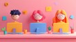 © Sam - 3D Animated Characters Collaborating in a Vibrant Cartoon Style Digital Workspace with Playful Design in a Creative Teamwork Environment for Young Professionals and Remote Work
