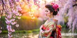 Traditional Japanese Kimono worn by a geisha in a serene garden setting with cherry blossoms and bamboo trees surrounding her, traditional clothing, garden