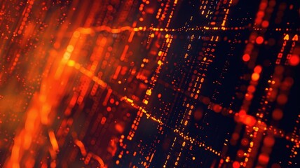 Abstract picture orange particle with digital technology style design with the coding data flow show dynamic movement represent about programming by programmer or problem solve by encryption. AIG53.