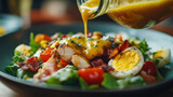 Hand pouring dressing onto a Cobb salad with chicken, avocado, bacon, blue cheese, tomatoes, and eggs classic keto dish