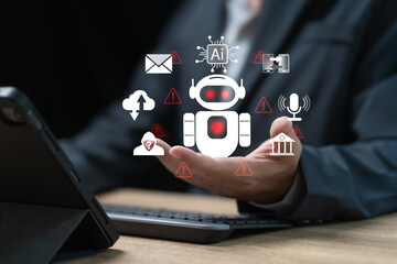 ai, artificial intelligence and illegal use concept, businessman watch out for cyber fraud, deceived