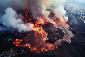 Wall Mural - volcano eruption from a bird view. volcano crater and magma flow shot from above. genertated ai.