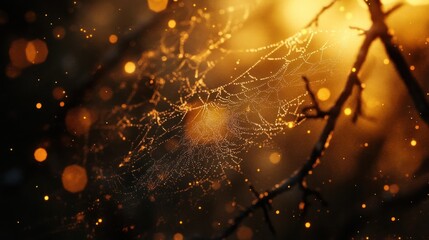 Delicate spider web covered in glistening dew droplets backlit by warm morning sunlight creating a glowing intricate natural pattern against the dark background