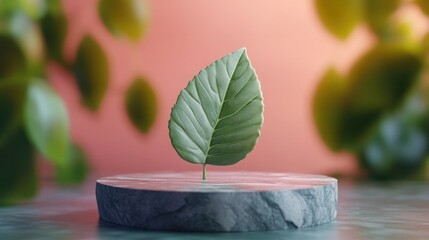 Wall Mural - Closeup of a single fresh green leaf on a modern gray marble pedestal against a soft pink background  Minimalist natural composition with focus on the organic texture and shape of the leaf