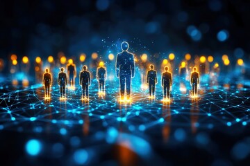 Wall Mural - abstract representation of digital human connections with glowing silhouettes on a virtual network b