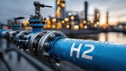 A blue industrial hydrogen pipeline marked 
