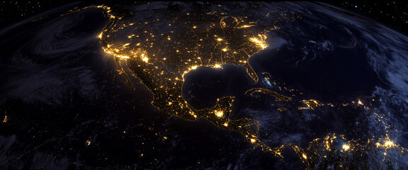 Wall Mural - night view of north and central america from space, showing city lights illuminating the continents 
