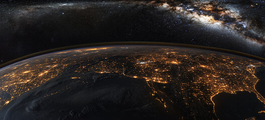 Wall Mural - night view of earth from space, showcasing city lights across a continent against the backdrop of th