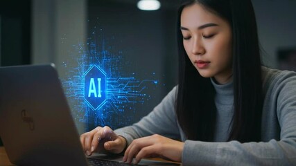 Young woman engaged in AI development on a laptop, with digital circuits in the background