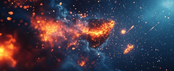 Wall Mural - a starry sky, meteors streaking across the earth's surface, orange and red flames in space, a huge m