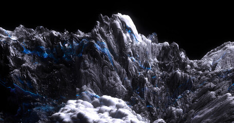 Wall Mural - 3d render of abstract art with surreal mineral geology stone object ocean coral reef or asteroid or winter ice cold mountain rock stone object on a black background with neon fluorescent glow elements