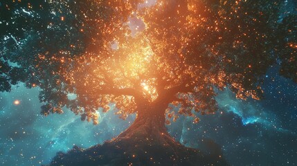 Wall Mural - A sacred and vast tree that links the earth to the heavens, its trunk radiant and the space around it filled with the divine light of the cosmos.