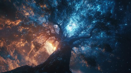 Wall Mural - A sacred and vast tree that links the earth to the heavens, its trunk radiant and the space around it filled with the divine light of the cosmos.
