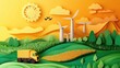 © Waraporn - Picturesque rural landscape with wind turbines generating renewable energy and a truck transporting the harvested crops through the lush green fields and meadows under a bright atmospheric sky