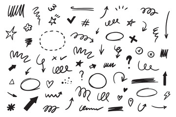 Poster - Marker scribble elements collection. Grunge hand drawn icons, strokes, underlines, wave brush marks.Vector set isolated on white background.