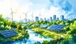 © ANGEL6395 - BCG environment sustainability green energy watercolor concept. Sustainable cityscape with wind turbines and solar panels near a river.