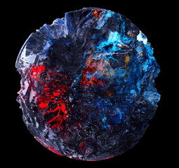 Wall Mural - 3d render of abstract art of surreal damaged stone metal mineral rock asteroid planet with rough grunge texture with neon glowing red and blue mix color parts on black background