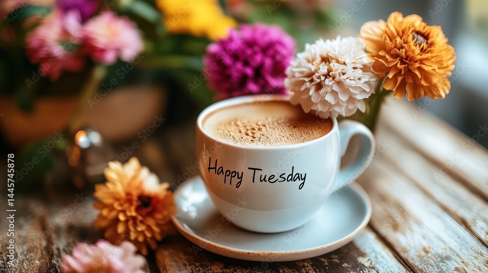 Warm coffee, happy Tuesday, flowers Stock Photo | Adobe Stock