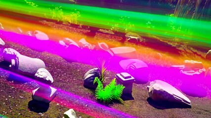 Wall Mural - A field of ruins with a purple and green light shining on them