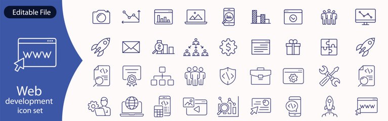 Web development set of web icons in line style. Developer icons for web and mobile app. Code, api, programmer coding, app, flow, node connect, web coder, bug fix and more. Vector illustration