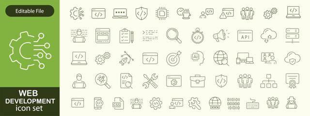 Web development set of web icons in line style. Developer icons for web and mobile app. Code, api, programmer coding, app, flow, node connect, web coder, bug fix and more. Vector illustration