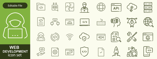 Web development set of web icons in line style. Developer icons for web and mobile app. Code, api, programmer coding, app, flow, node connect, web coder, bug fix and more. Vector illustration