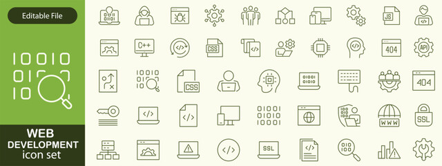 Web development set of web icons in line style. Developer icons for web and mobile app. Code, api, programmer coding, app, flow, node connect, web coder, bug fix and more. Vector illustration