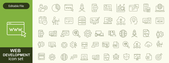 Web development set of web icons in line style. Developer icons for web and mobile app. Code, api, programmer coding, app, flow, node connect, web coder, bug fix and more. Vector illustration
