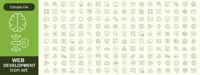 Web development set of web icons in line style. Developer icons for web and mobile app. Code, api, programmer coding, app, flow, node connect, web coder, bug fix and more. Vector illustration