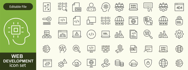 Web development set of web icons in line style. Developer icons for web and mobile app. Code, api, programmer coding, app, flow, node connect, web coder, bug fix and more. Vector illustration