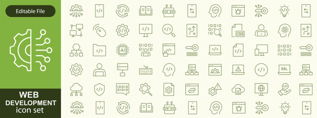 Web development set of web icons in line style. Developer icons for web and mobile app. Code, api, programmer coding, app, flow, node connect, web coder, bug fix and more. Vector illustration