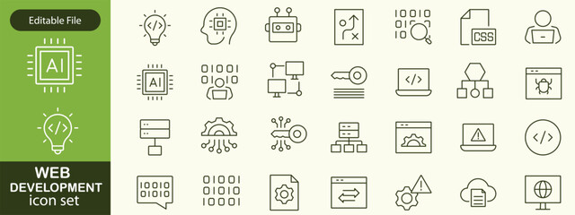 Web development set of web icons in line style. Developer icons for web and mobile app. Code, api, programmer coding, app, flow, node connect, web coder, bug fix and more. Vector illustration