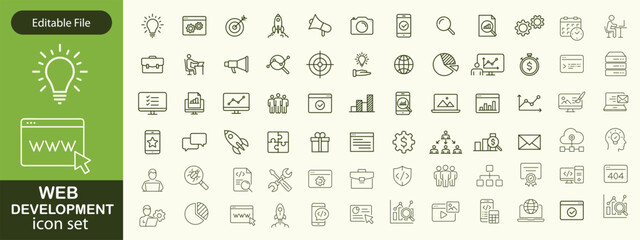 Web development set of web icons in line style. Developer icons for web and mobile app. Code, api, programmer coding, app, flow, node connect, web coder, bug fix and more. Vector illustration