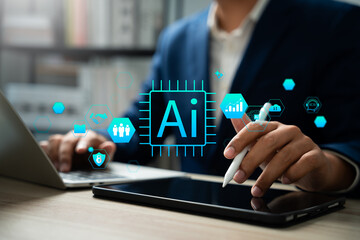 Aufkleber - Businessman working with AI and machine learning technologies to optimize business strategie. Data analytics, Algorithms, Digital systems to drive business growth and improve operational efficiency.