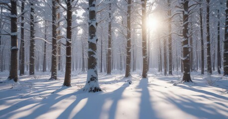 Wall Mural - Snow-covered trees in a cold, wintry forest, sunlight filtering through branches,  icy,  nature