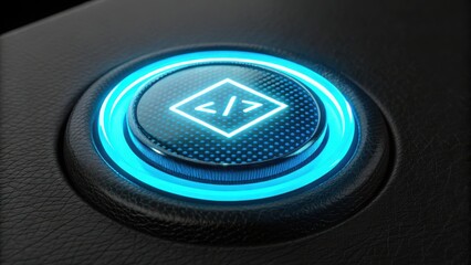 Glowing button with HTML tag icon in blue neon light on textured black background, symbolizing web coding and technology innovation