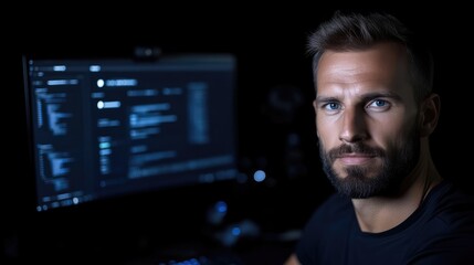 Focused developer at night.  Close-up of a serious man, likely a programmer or software engineer, intently looking at a computer screen displaying lines of code.  The scene is dimly lit,