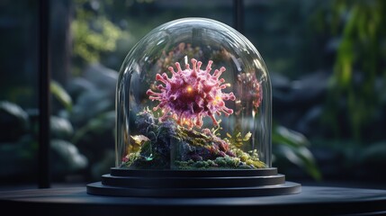 Poster - High-tech glass dome encases glowing virus particles, representing next-gen disease research and innovation