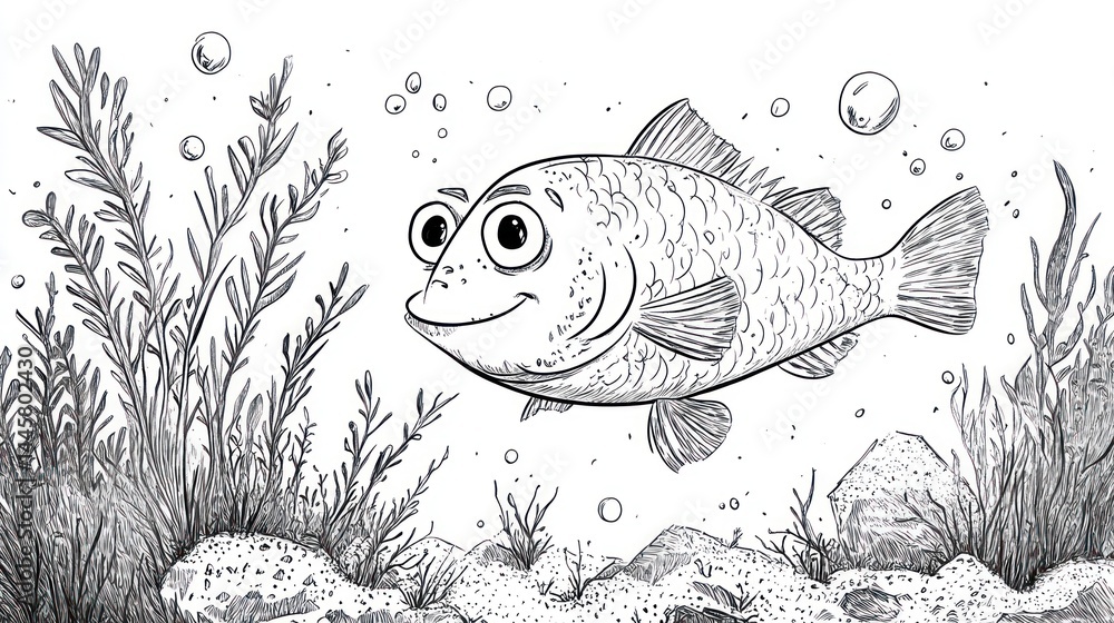 A friendly fish swims among underwater plants and rocks in a black and ...