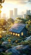 © Waraporn - Sustainable solar powered house surrounded by lush greenery in an urban setting with a beautiful cityscape backdrop illuminated by the warm glow of the setting sun