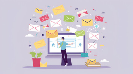 A cartoon man in front of a computer with flying envelopes and icons on a light purple background
