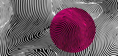 Leinwandbilder - Abstract vector art with black and white wavy lines forming a dynamic background, featuring a bold pink sphere with matching striped pattern, creating a striking and modern visual effect.