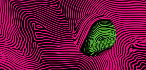 Fototapete - Abstract vector illustration featuring wavy magenta lines against a black background, with a central circular shape filled with green and black stripes, creating a vibrant optical effect.